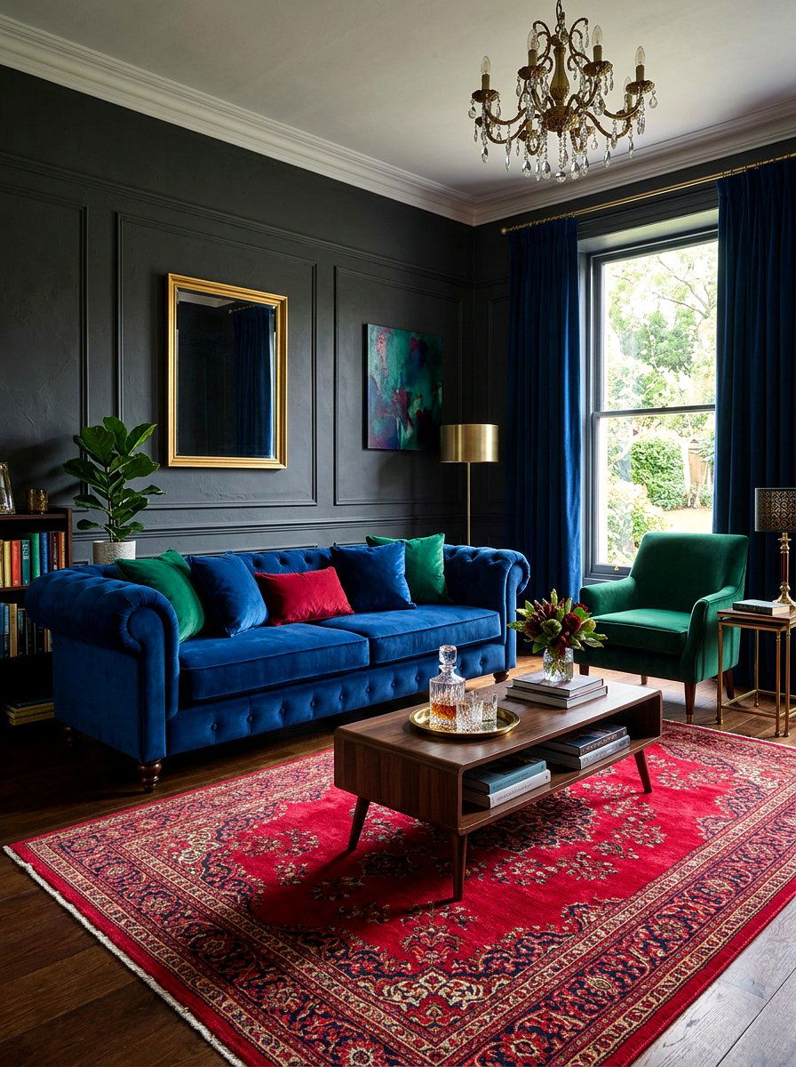 Jewel Tone Velvet Lounge - 30 moody lounge room ideas