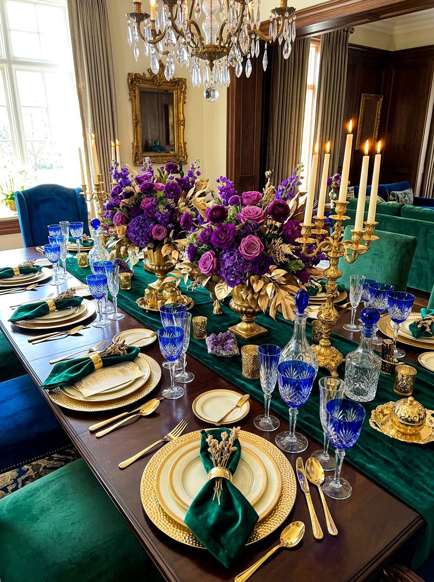 Jewel tone tablescape - 30 New Year brunch table ideas