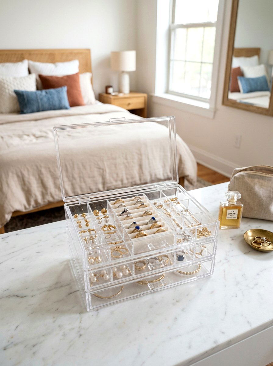 Jewelry Tray Stackable Storage - 30 studio apartment storage ideas