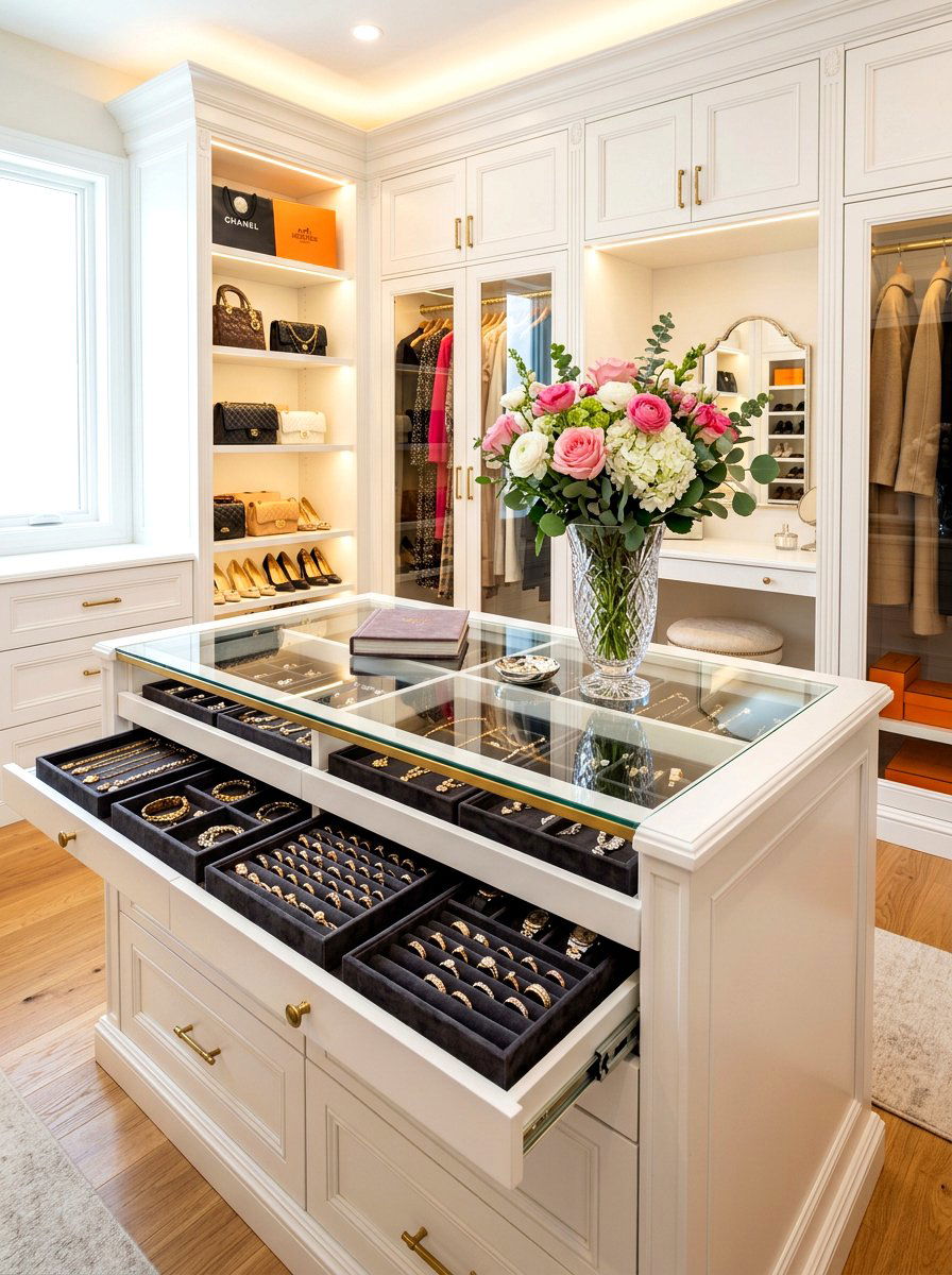 Jewelry display closet island - 30 glam closet ideas
