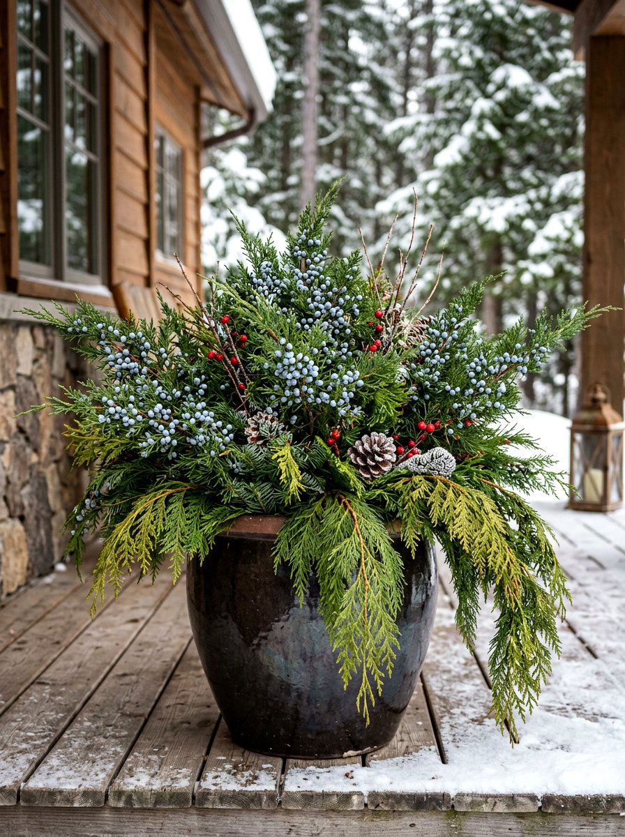 Juniper Berries Cedar Branches - 30 winter porch planter ideas