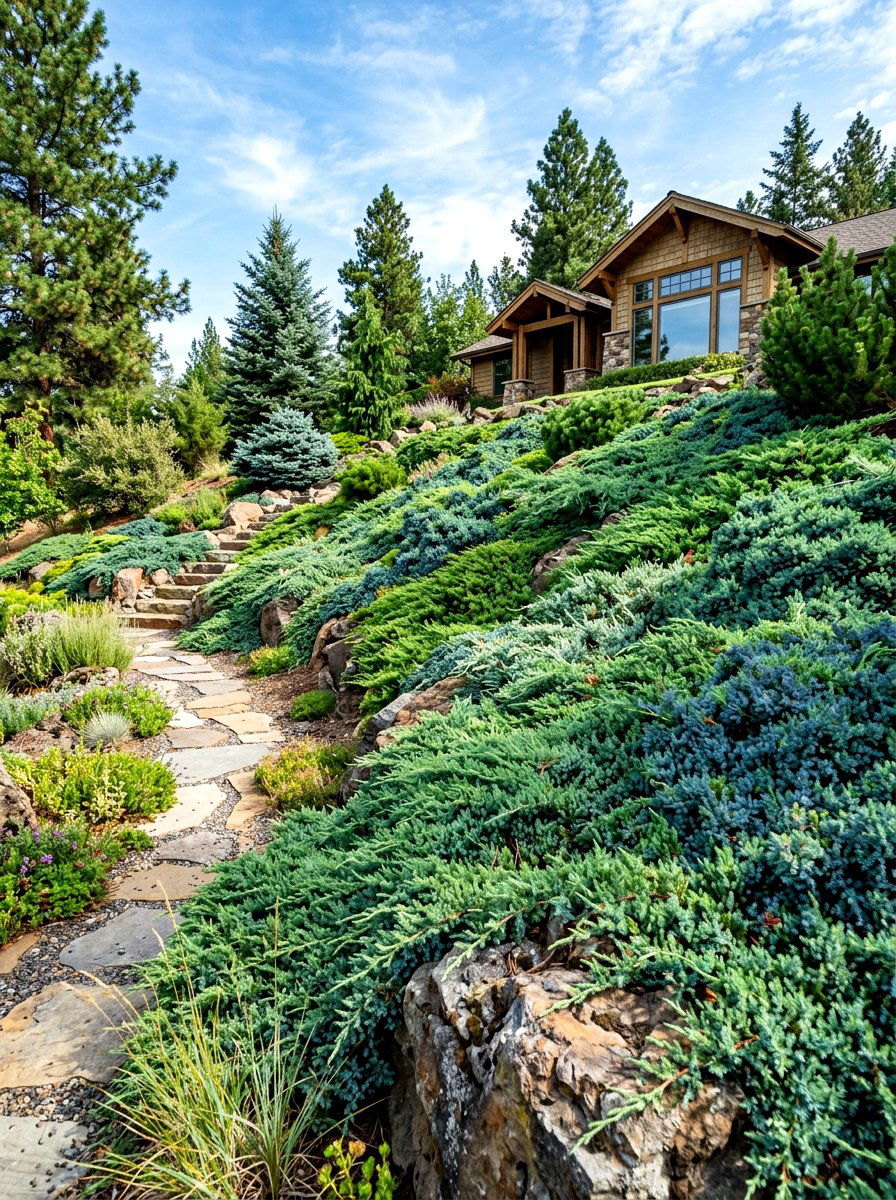 Juniper ground cover slope - 30 evergreen front yard ideas