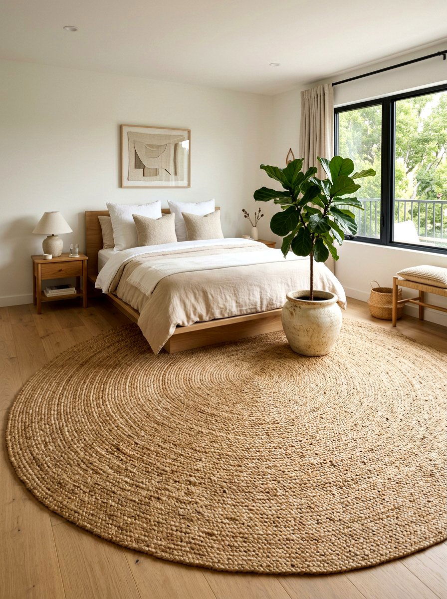 Jute Area Rug - 30 earthy bedroom decor ideas