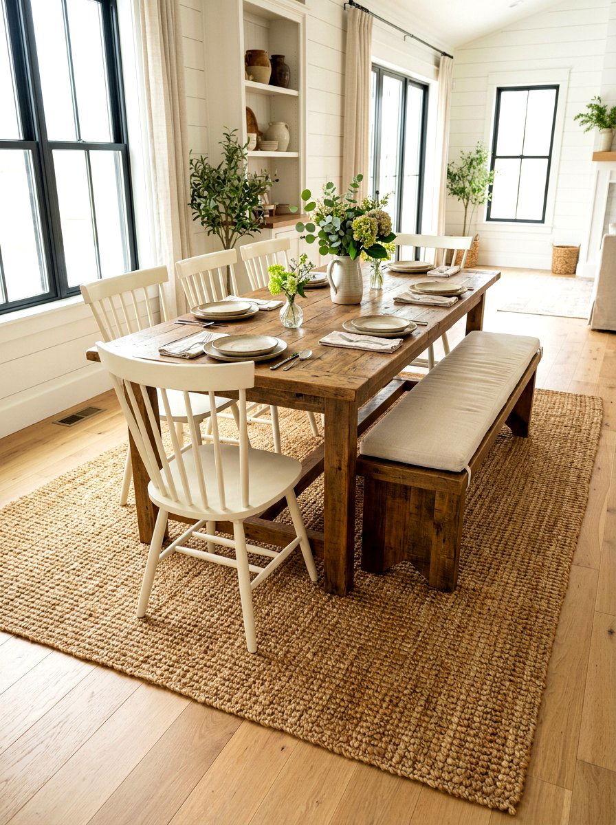 Jute Rug Under Farmhouse Dining Table - 30 dining room rug placement ideas