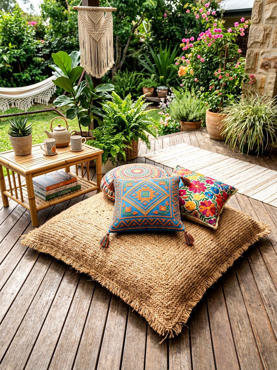 Jute floor pillow - 30 boho outdoor furniture ideas