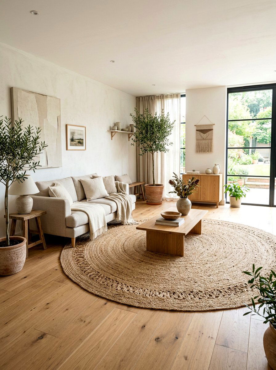Jute rug living room - 30 nature inspired living room ideas