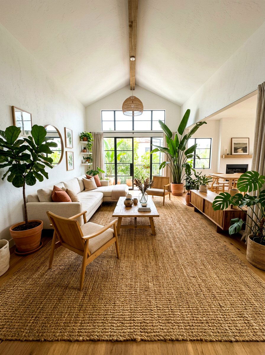 Jute rug living room - 30 earth tone living space ideas