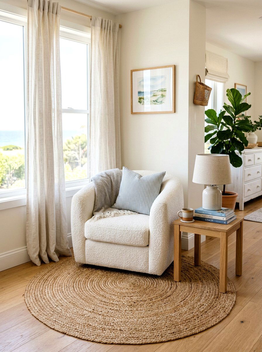 Jute rug with boucle chair - 30 boucle chair corner ideas