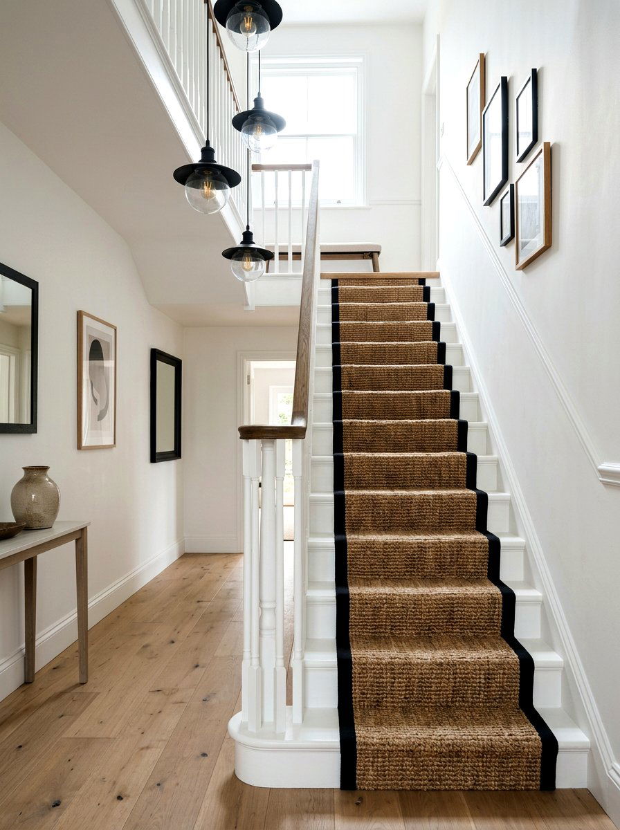Jute stair runner with black border - 30 staircase runner ideas