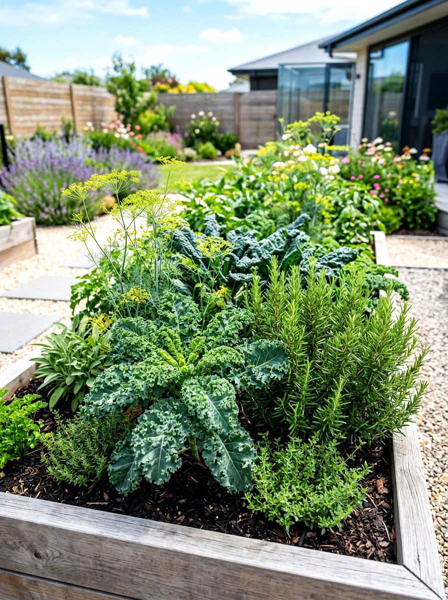 Kale and aromatic herb garden - 30 vegetable garden companion planting ideas