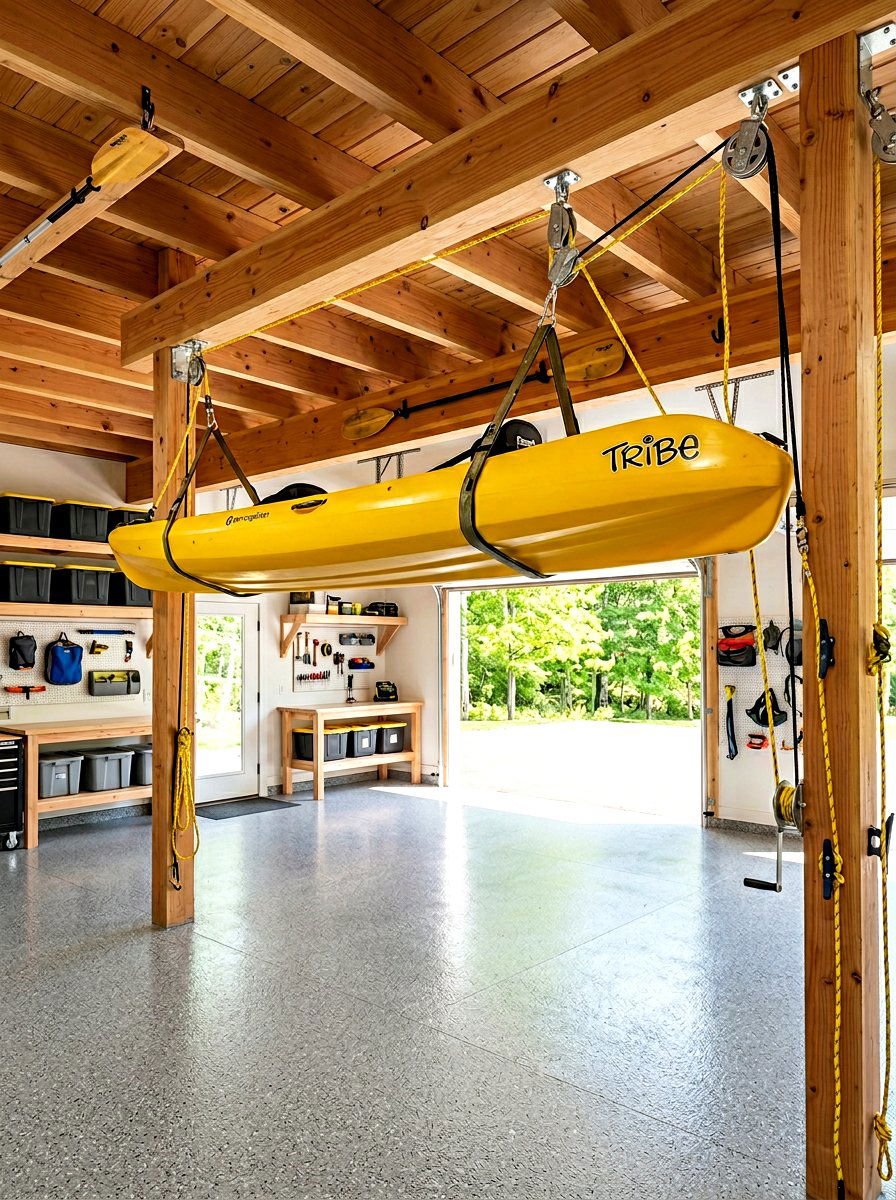 Kayak Ceiling Hoist System - 30 garage sports equipment storage ideas