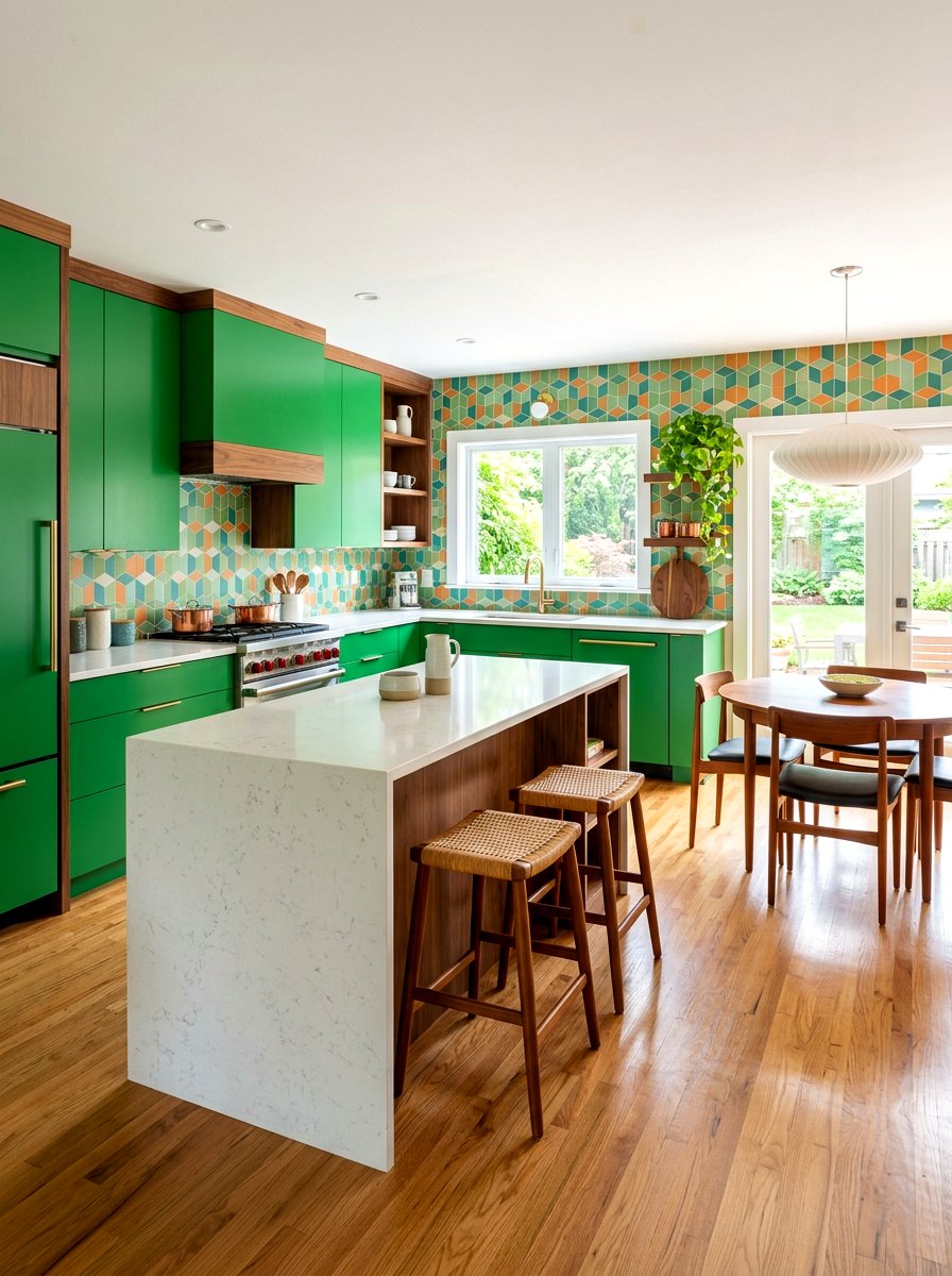 Kelly green and mid century wood kitchen - 30 green and wood kitchen ideas