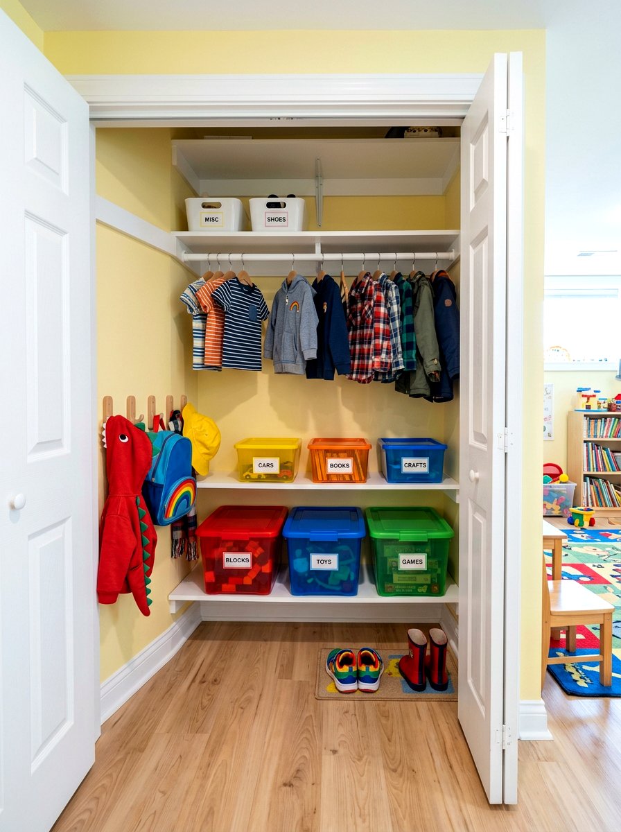 Kid Friendly Lower Level Closet - 30 coat closet organization ideas