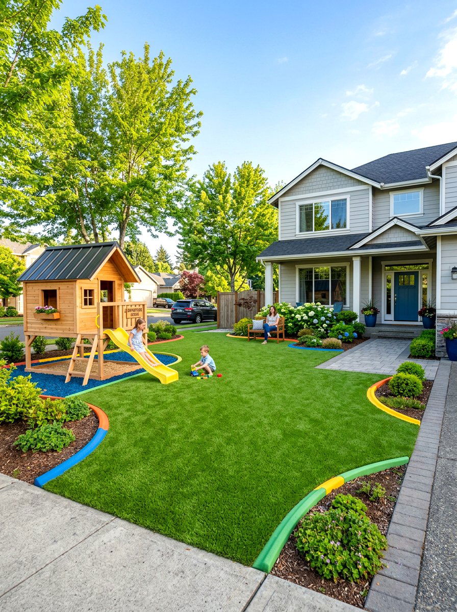 Kid Friendly Play Zone - 30 artificial grass front yard ideas