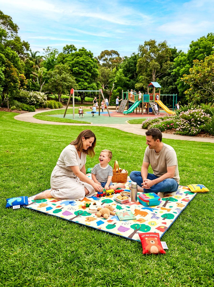 Kid Picnic With Toy Bin Weights - 30 picnic blanket corner ideas