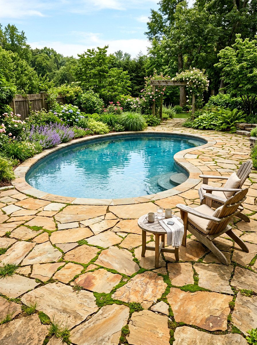 Kidney pool with flagstone patio - 30 kidney shaped pool ideas