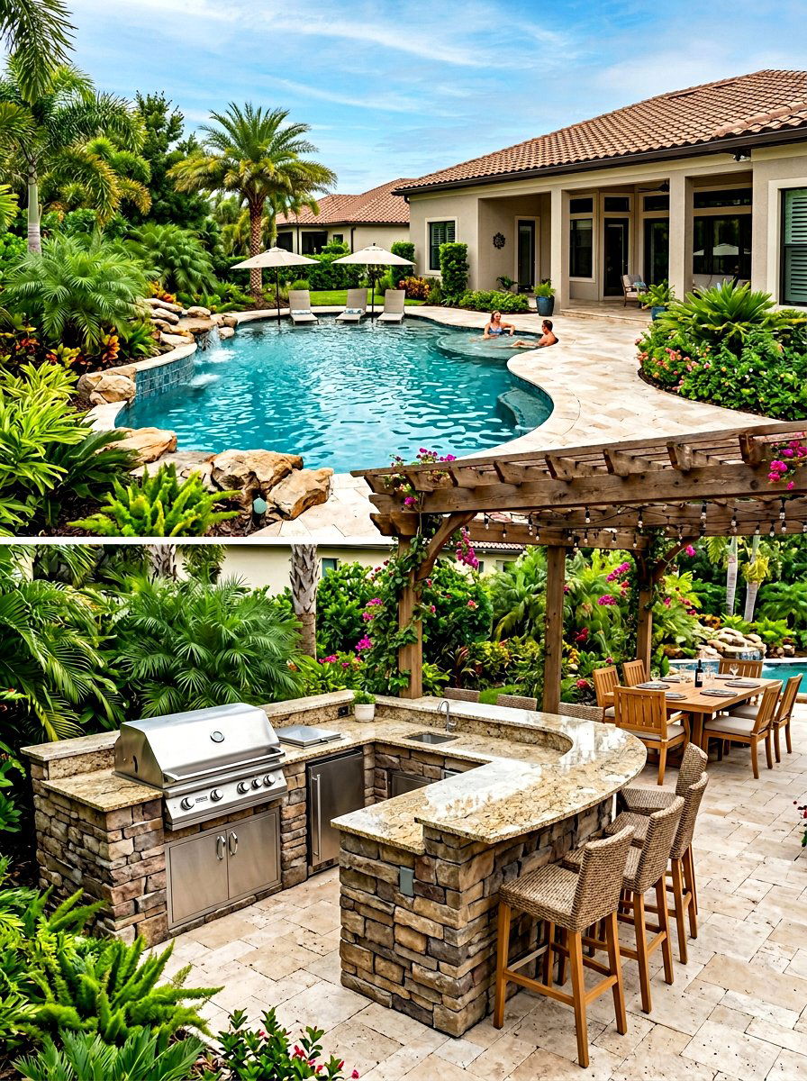 Kidney pool with outdoor kitchen - 30 kidney shaped pool ideas