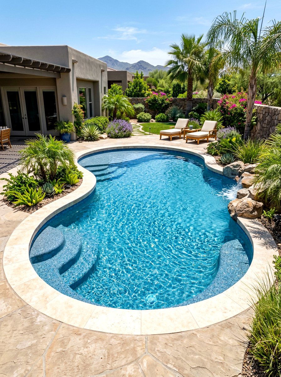 Kidney pool with pebble tech finish - 30 kidney shaped pool ideas