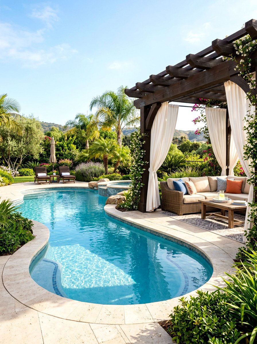 Kidney pool with pergola - 30 kidney shaped pool ideas