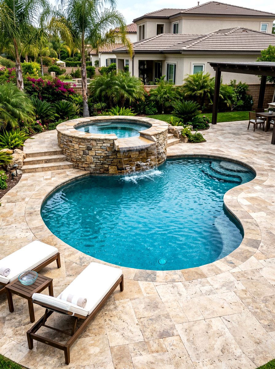 Kidney pool with raised spa - 30 kidney shaped pool ideas