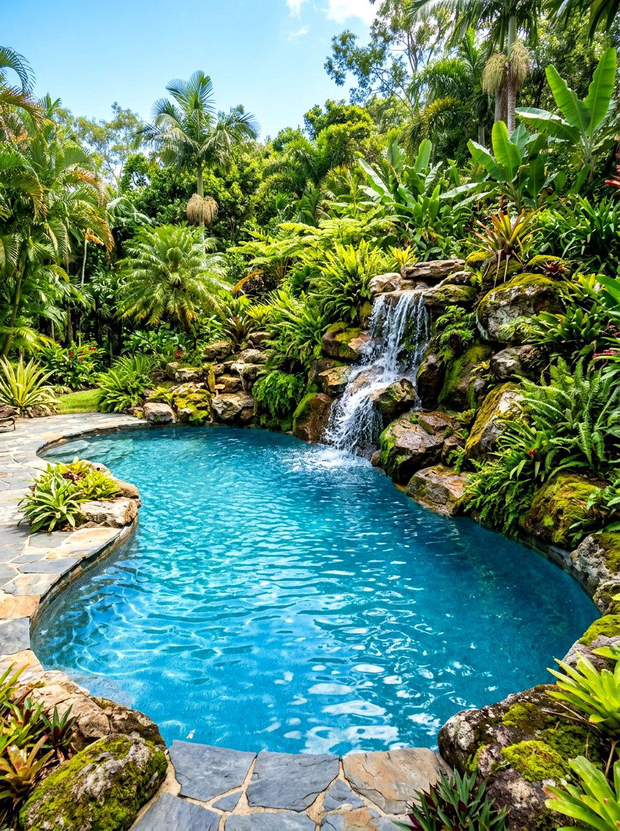 Kidney pool with rock waterfall - 30 kidney shaped pool ideas