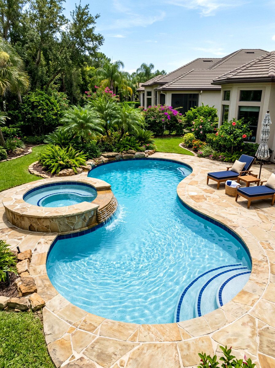 Kidney pool with spillover spa - 30 kidney shaped pool ideas