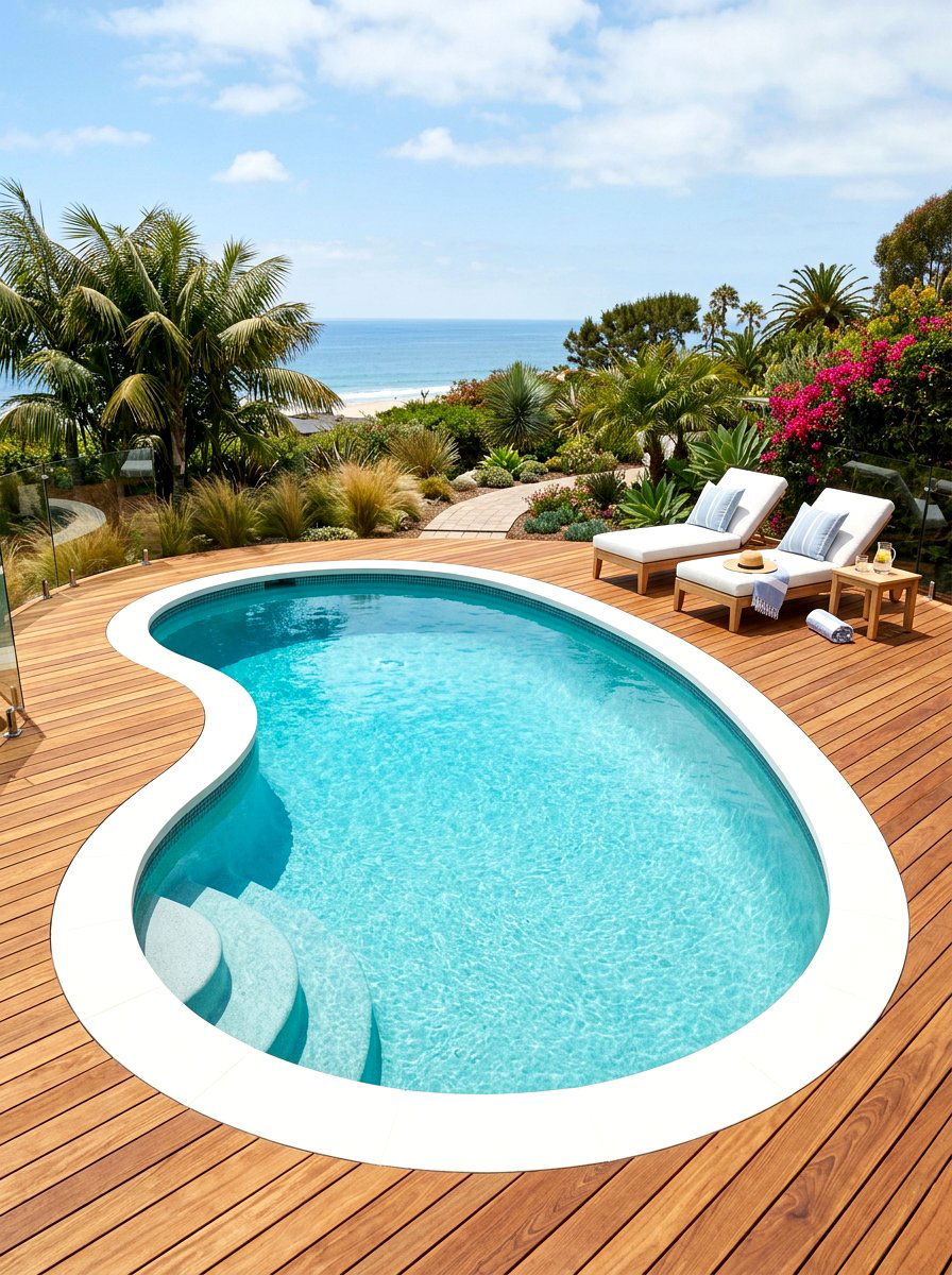 Kidney pool with wood deck - 30 kidney shaped pool ideas