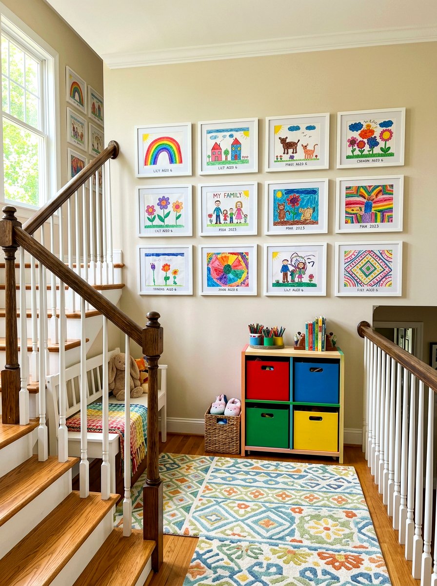 Kids Art Display Stairs - 30 stair landing gallery ideas