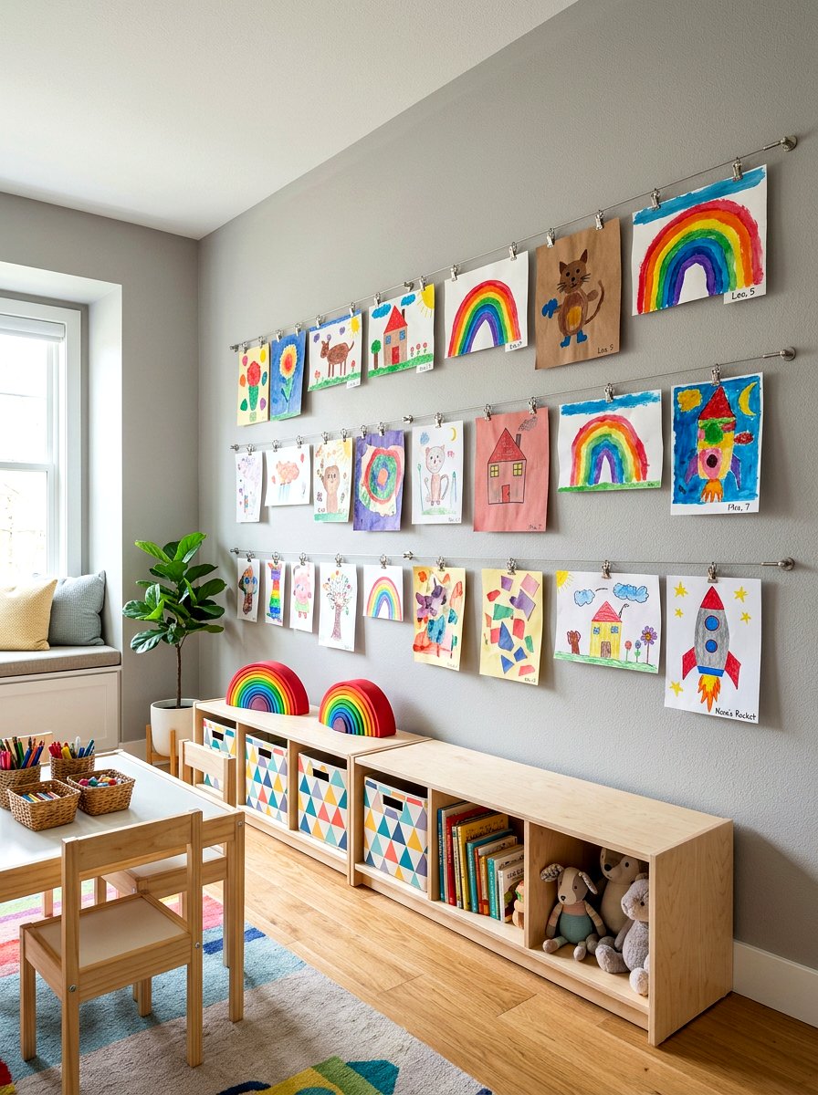 Kids Art Display Wall - 30 school paper organization ideas