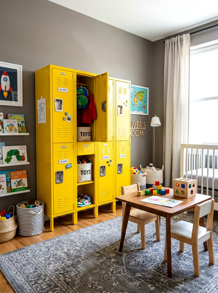 Kids Metal Lockers - 30 toddler bedroom storage ideas
