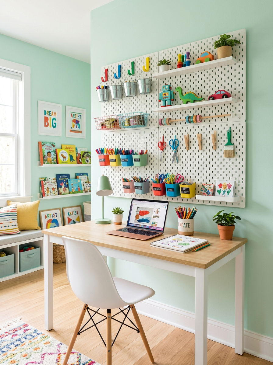 Kids Pegboard Wall Organizer - 30 homework studio kids ideas