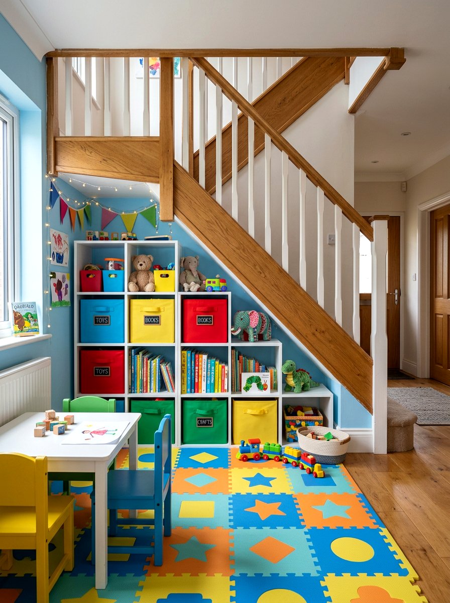 Kids Playroom Under Stair Cube Shelves - 30 under staircase bookshelf ideas