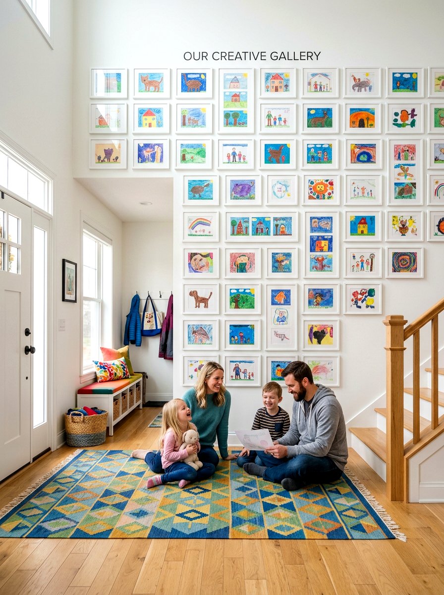 Kids artwork display foyer - 30 salon wall entry ideas