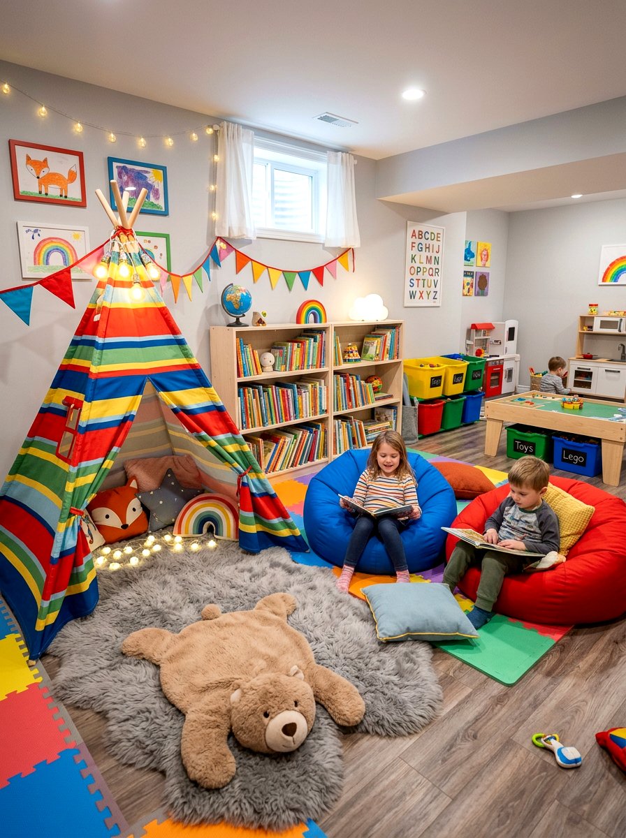 Kids basement playroom reading nook - 30 basement reading nook ideas