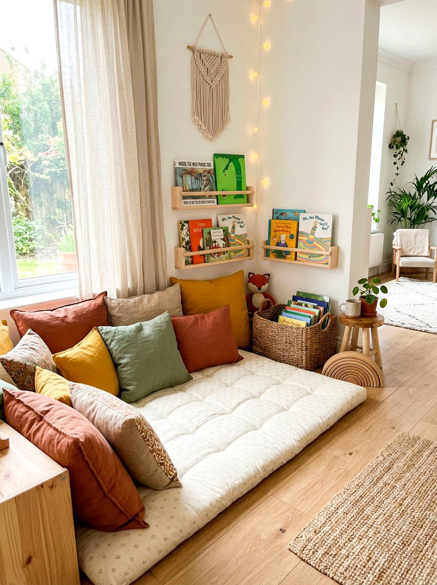 Kids floor reading nook - 30 Montessori playroom aesthetic ideas