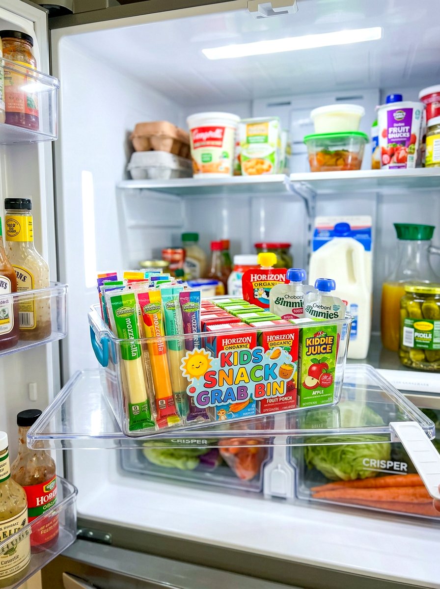 Kids snack grab bin - 30 aesthetic fridge organization ideas