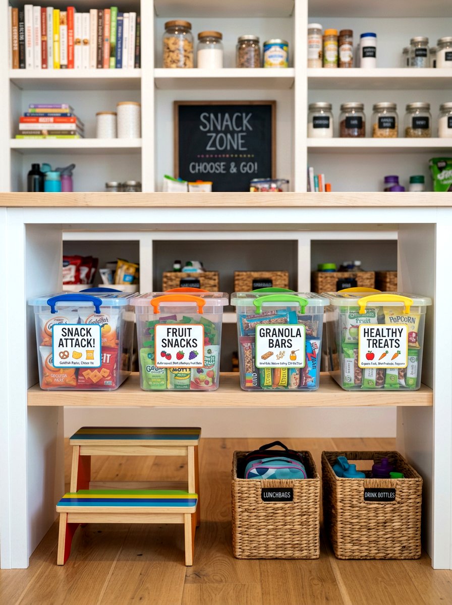 Kids snack station bins - 30 pantry decanting ideas