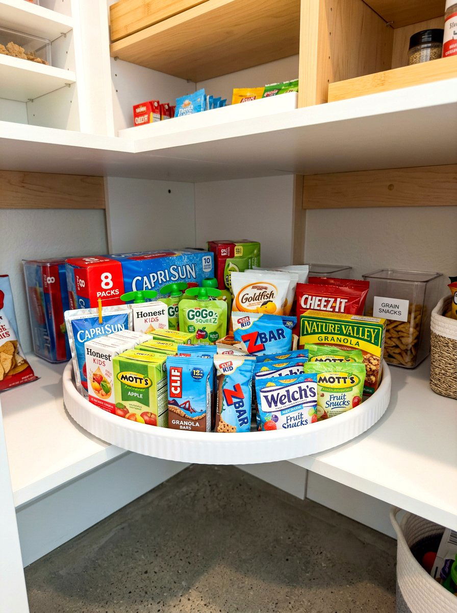 Kids snack turntable for low shelves - 30 lazy Susan pantry ideas