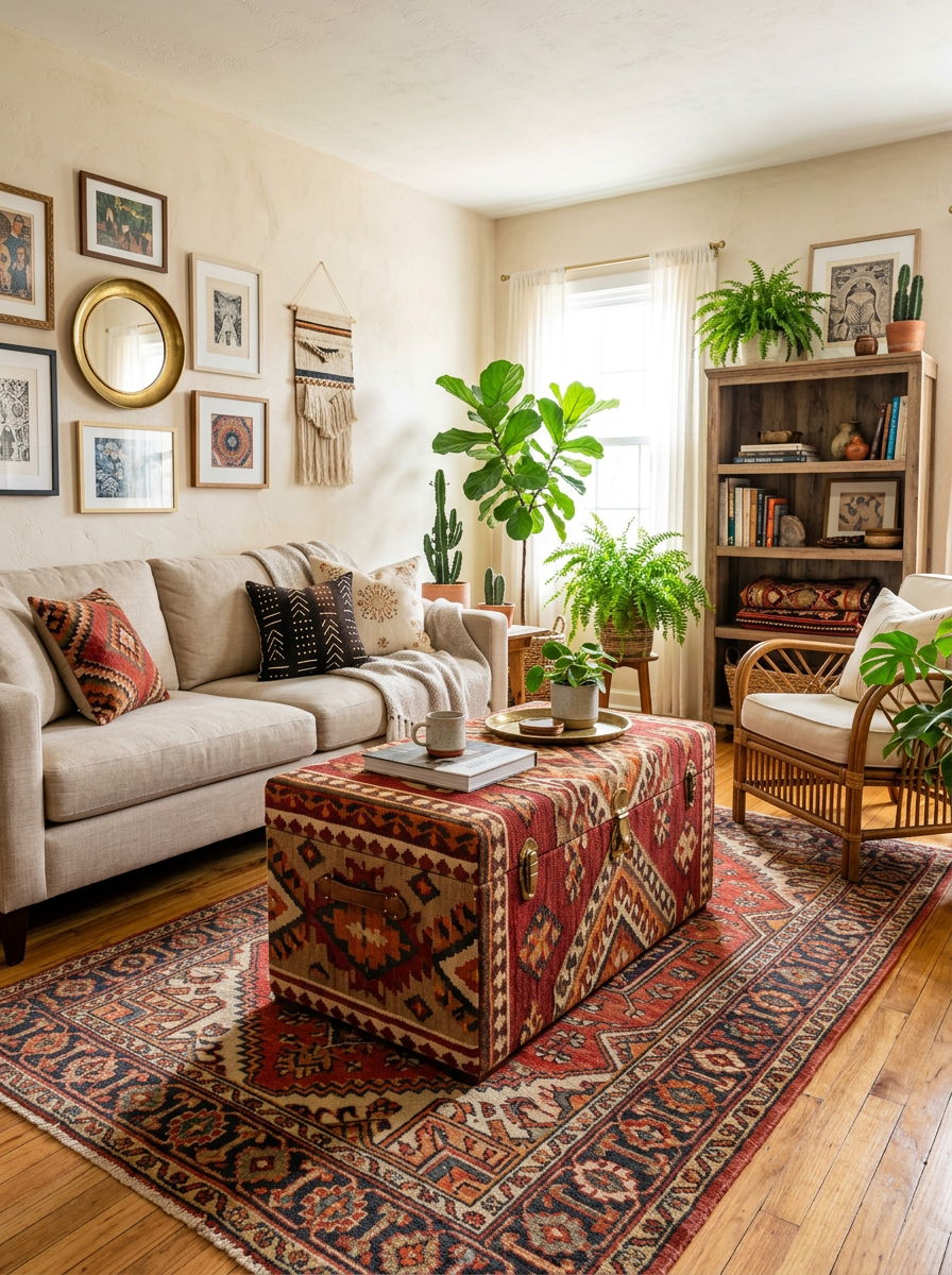 Kilim Fabric Trunk - 30 trunk coffee table ideas