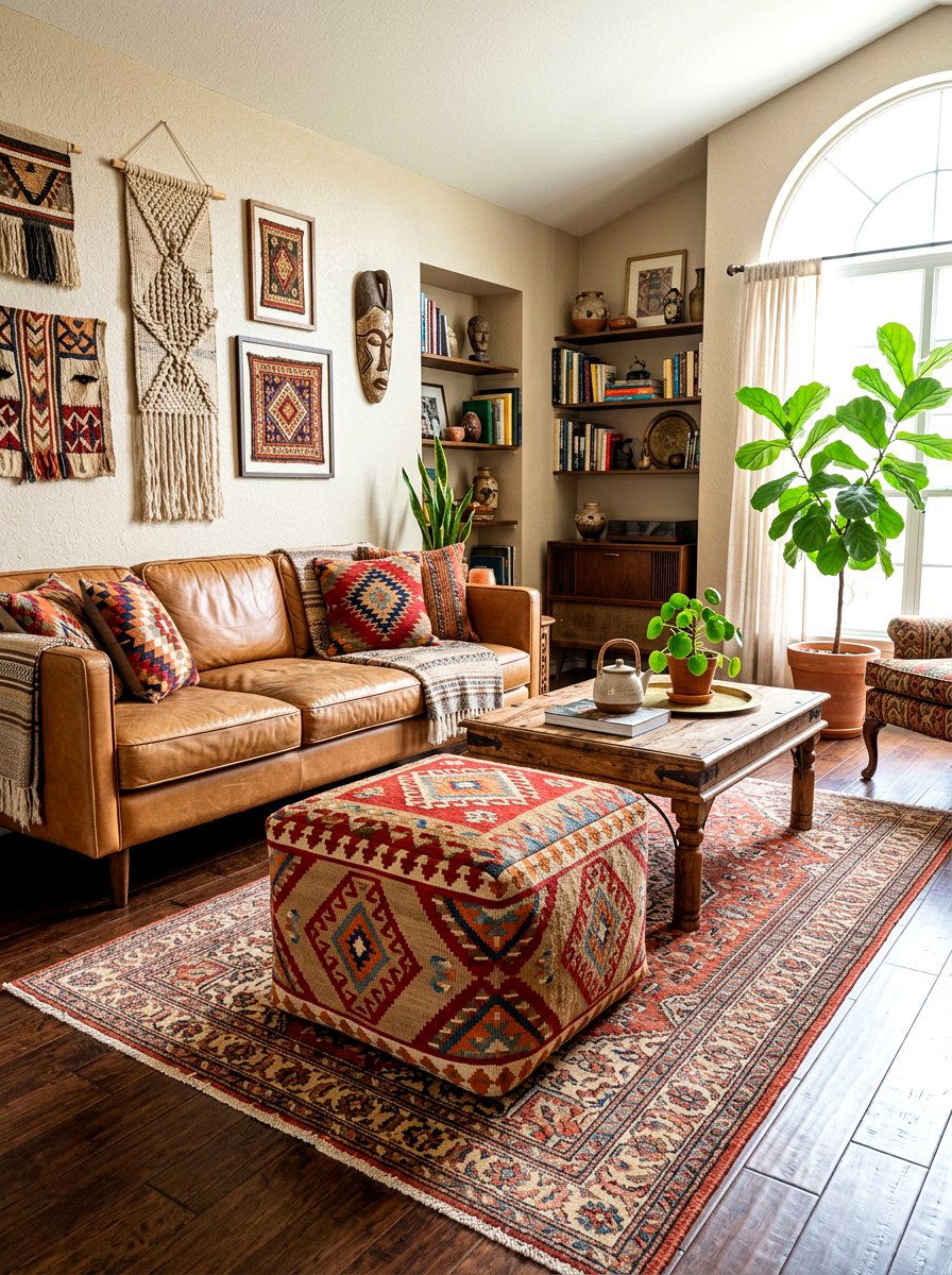 Kilim Patterned Square Ottoman - 30 living room ottoman styling ideas