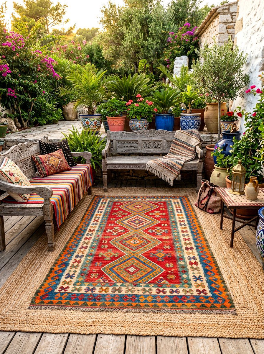 Kilim Rug Over Large Woven Base - 30 layered outdoor rug ideas
