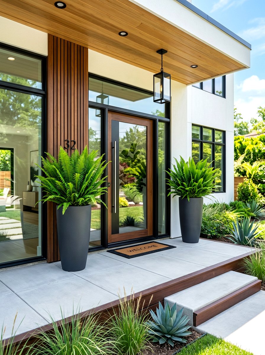Kimberly Queen ferns in tall planters - 30 fern front porch ideas