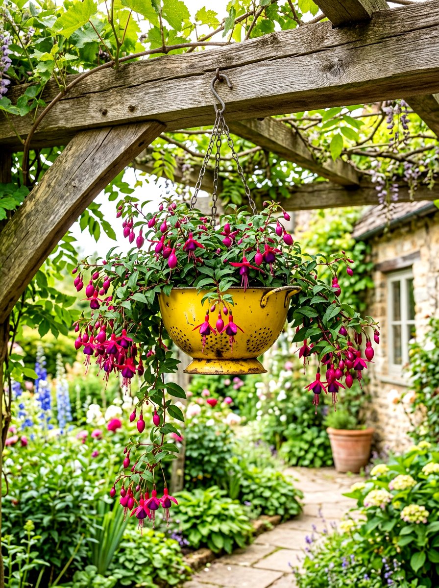 Kitchen Colander Hanging Basket - 30 repurposed garden decor ideas