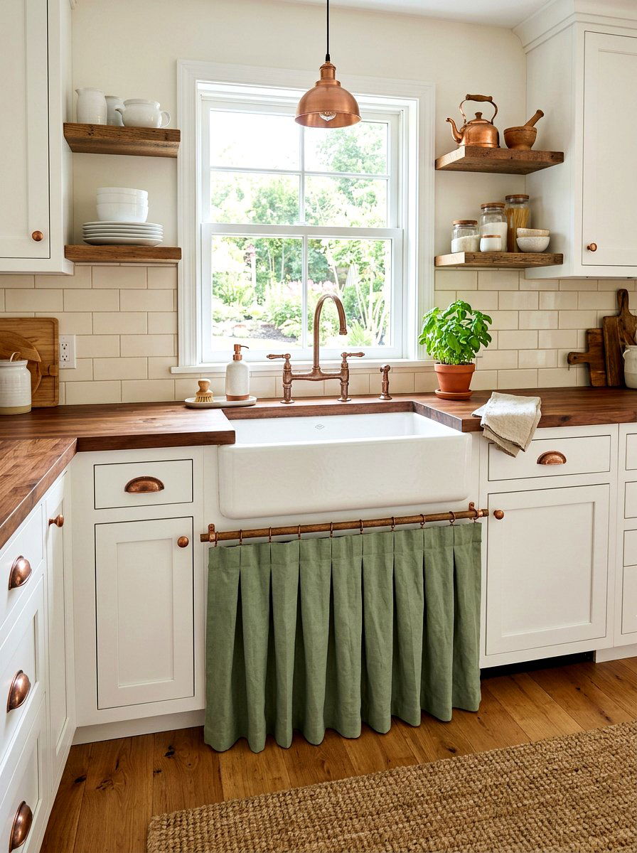 Kitchen apron sink skirt - 30 skirted sink ideas