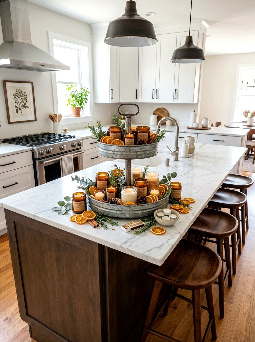 Kitchen island fall candle vignette - 30 candle heavy fall decor ideas