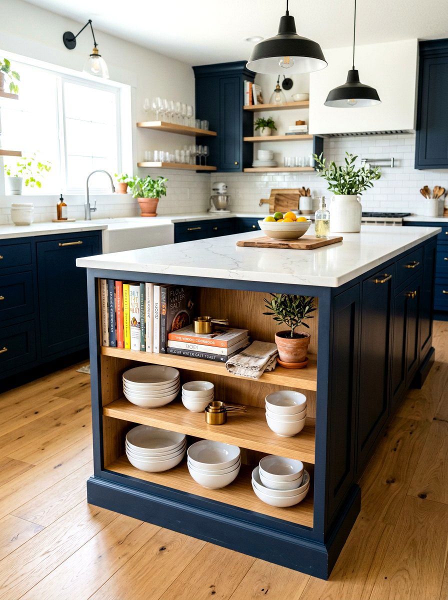 Kitchen island open shelving - 30 island end cap ideas