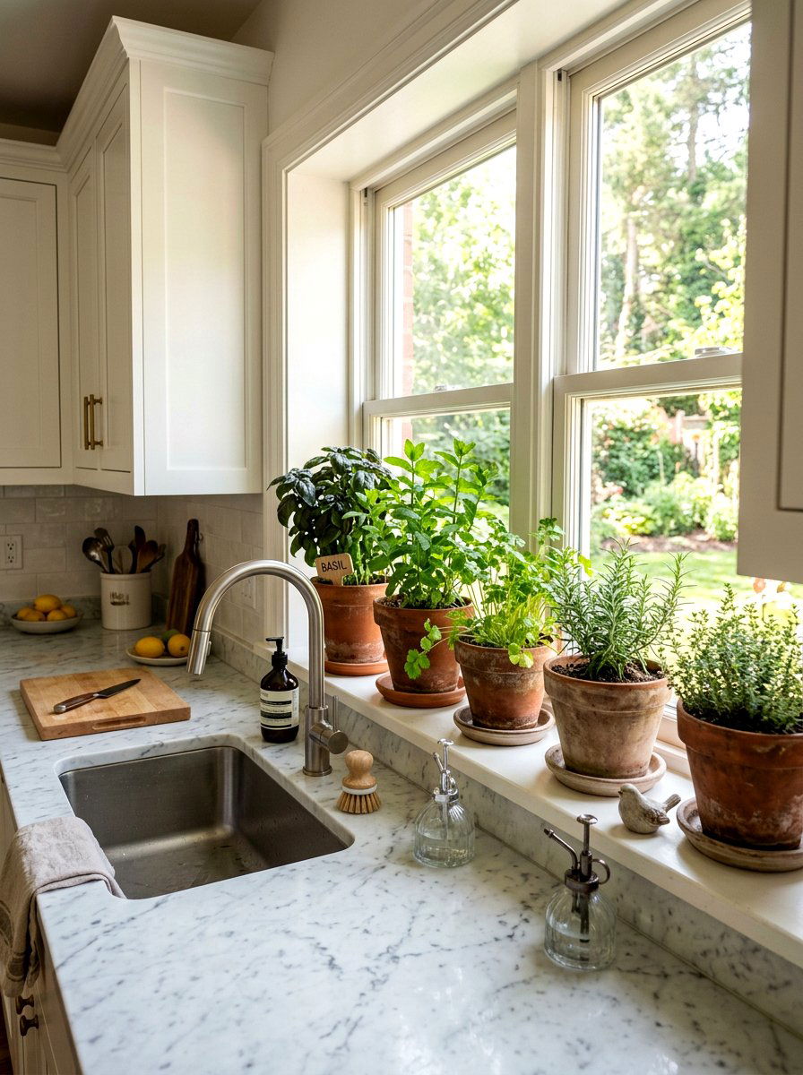 Kitchen windowsill herb garden - 30 friction maxxing home ideas