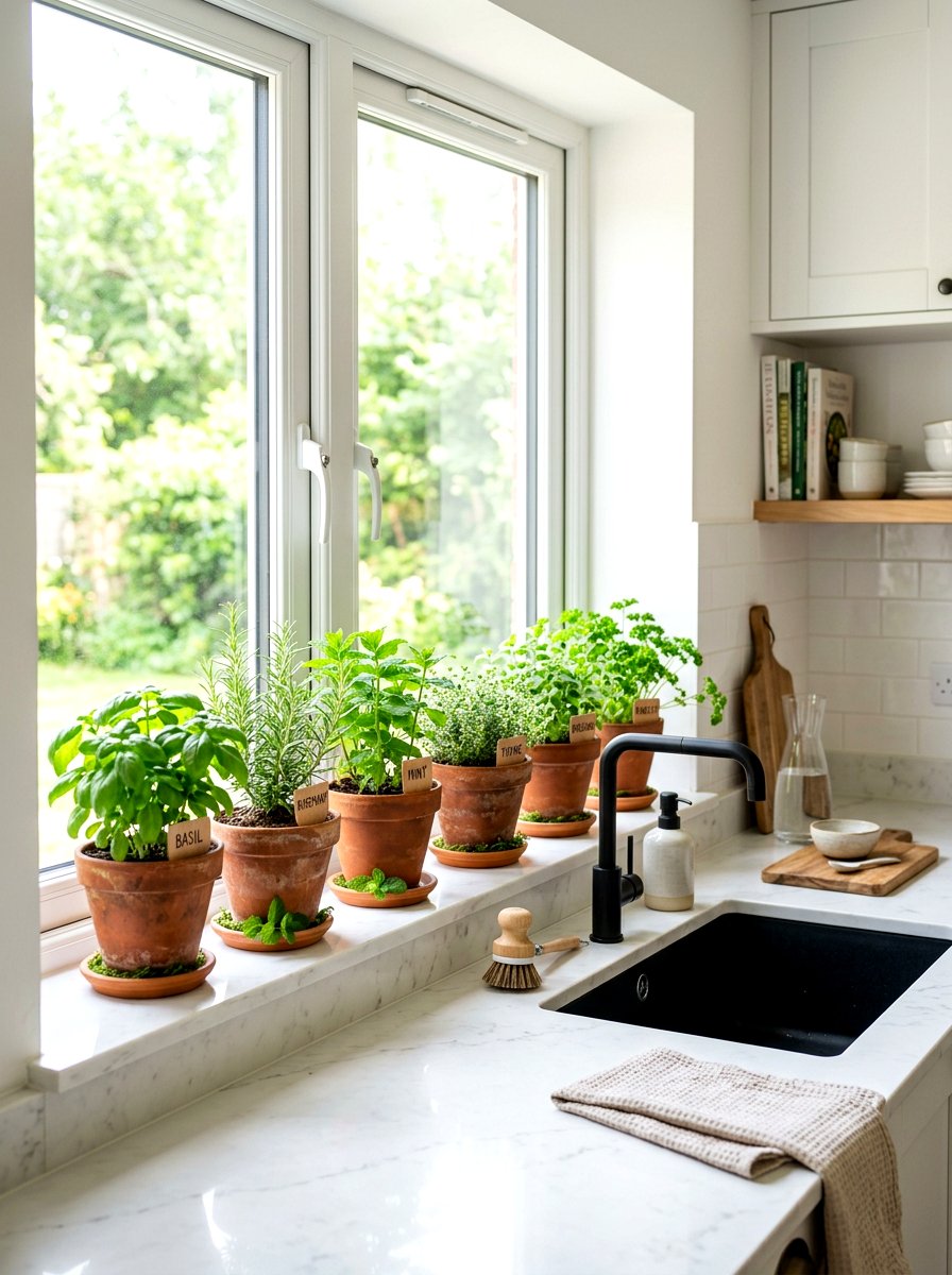 Kitchen windowsill herb garden - 30 indoor plant decor ideas