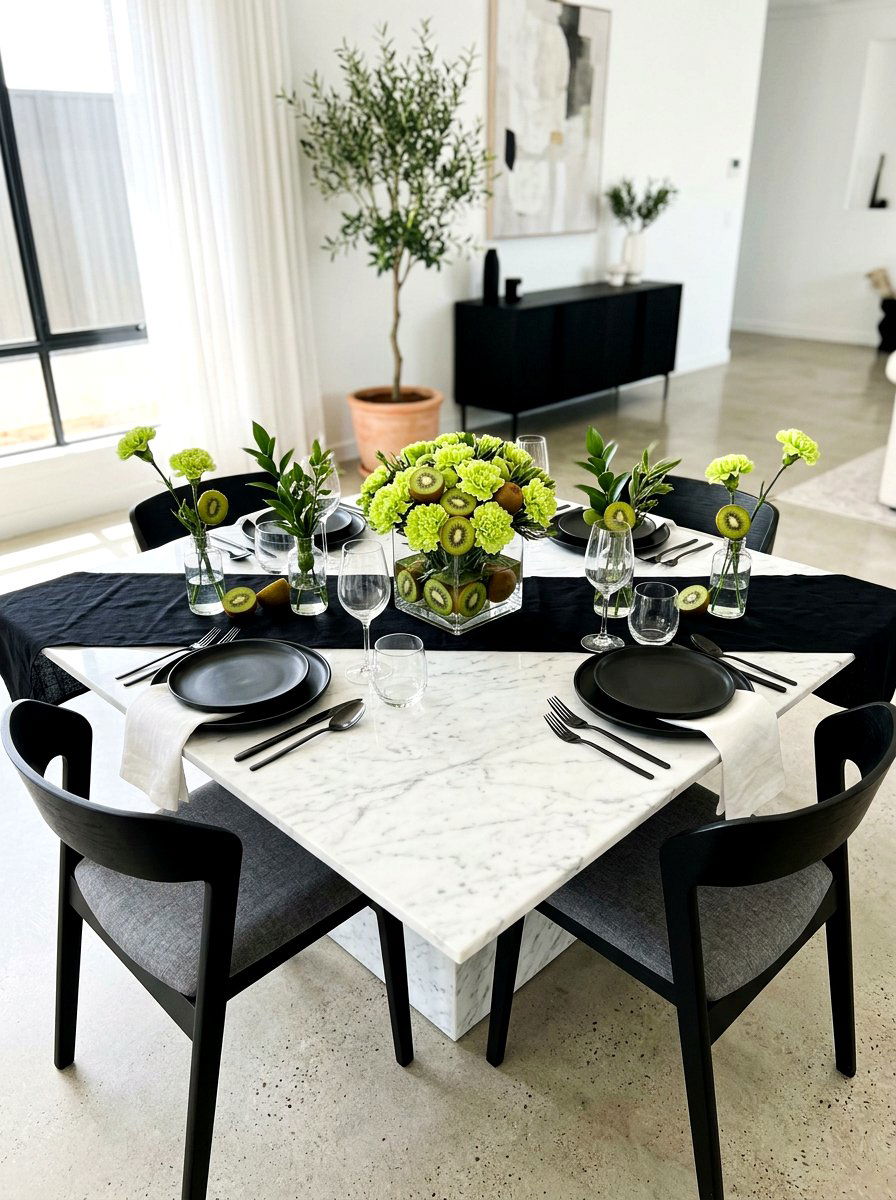 Kiwi and green carnation table - 30 fruit and floral tablescape ideas
