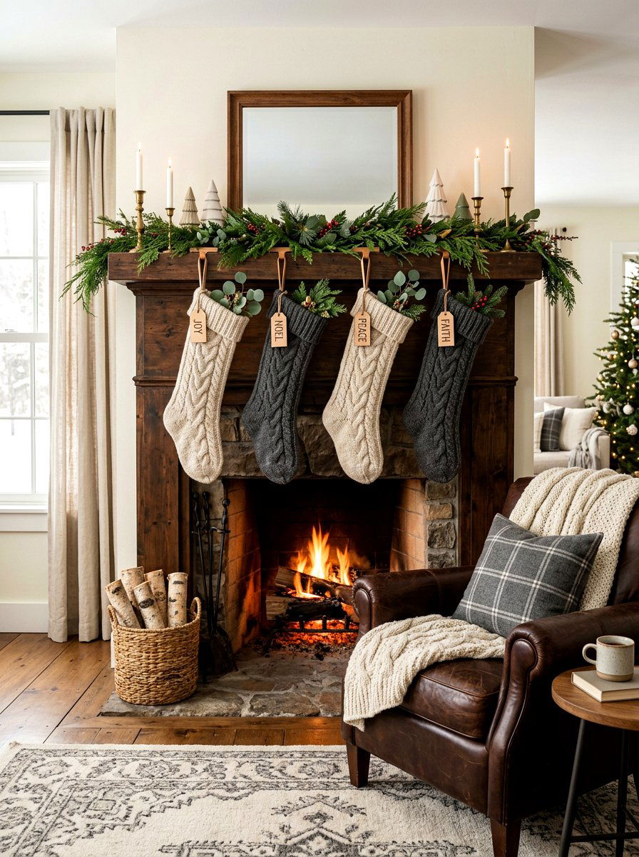 Knit Stocking Mantel - 30 winter mantel decor ideas